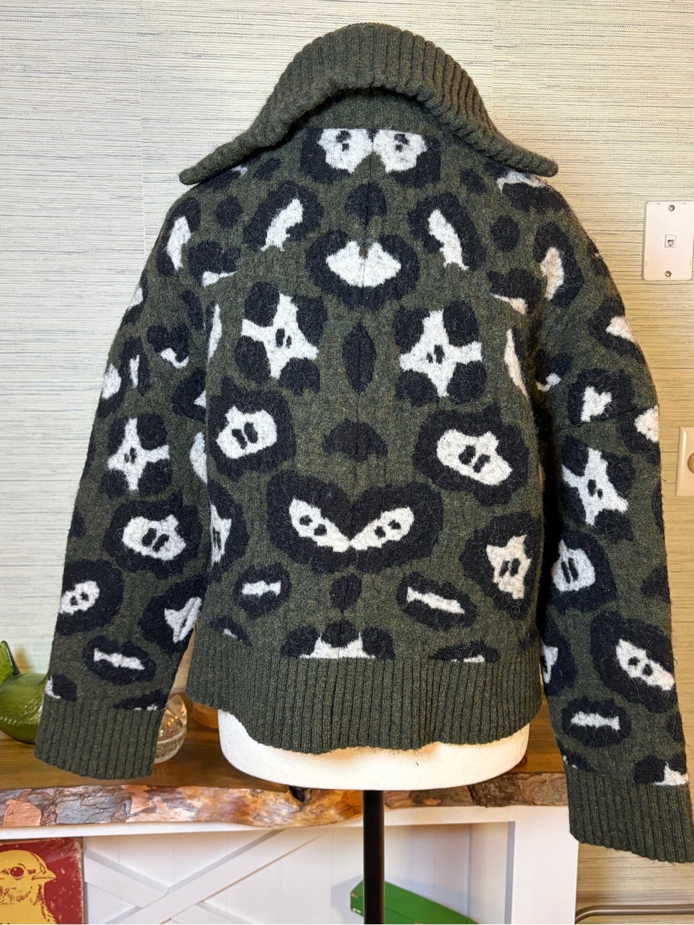 Zadig & Voltaire Taliah Leopard 1/4 Zip Sweater Green Wool Alpaca Blend Sz XS/S - Picture 4 of 5